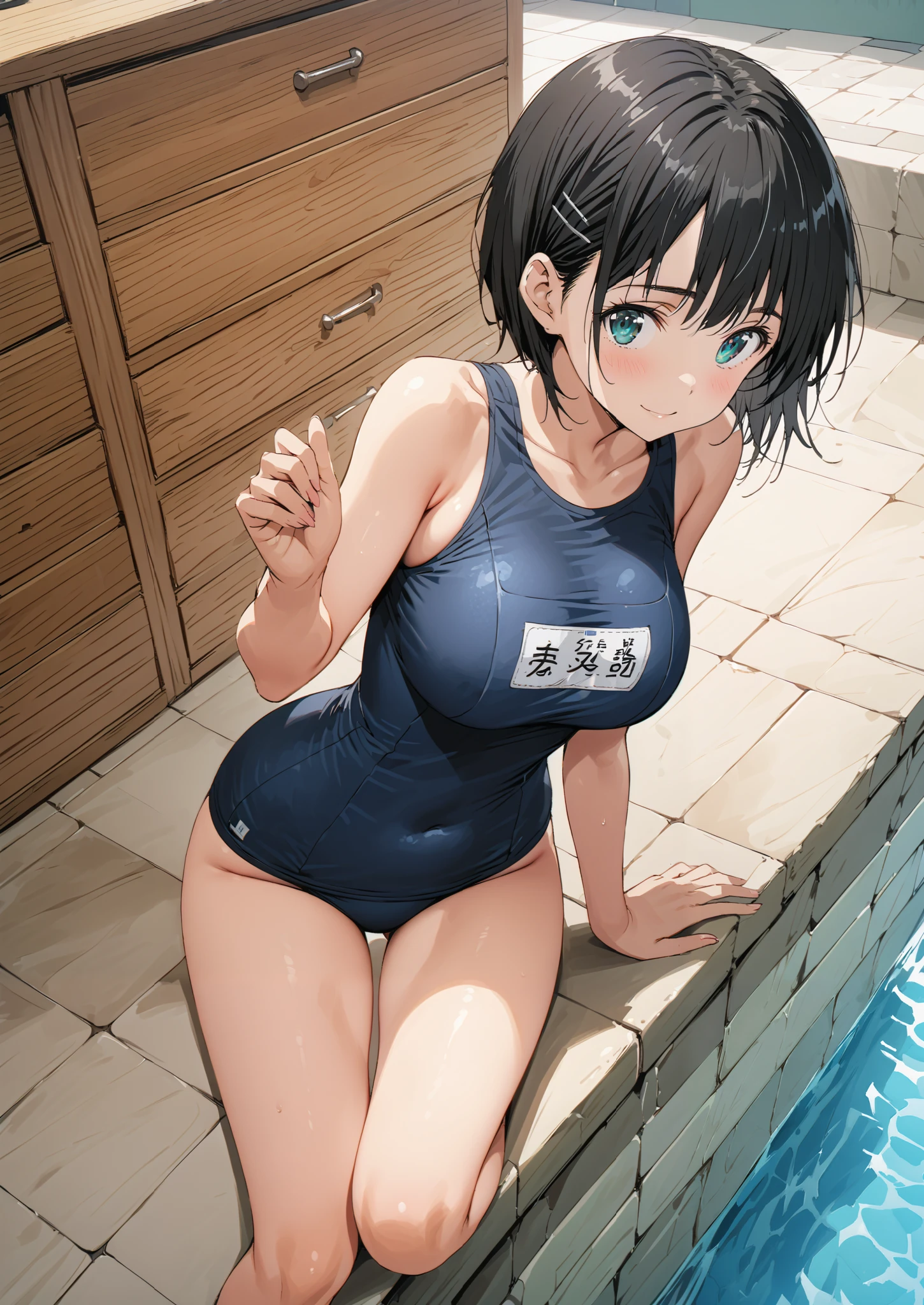 score_9, score_8_up, score_7_up, source_anime,
soon, Kirigaya Naoha , short hair, black hair, hair ornament,smile,is embarrassing,brown skin,Glowing Skin,cover,close your mouth,green eyes,Big Breasts,The Valley of the Chest,school swimsuit, school swimsuit pull ,pull,poolサイドで,Big Breasts,clothes drawer, Bare legs,clothed,bare shoulders in bright blue,presenting sunburnlines,sunburnlines, sunburn,Bare legs,so that the whole body is in the illustration,break outdoors, pool,
break looking at viewer,
break (masterpiece:1.2),top quality , kampala,Unity 8k Wallpaper,(shape:0.8),( fine, beautiful eyes :1.6),It's a person ,full body photo,CG Details , (perfect hands,complete anatomy),