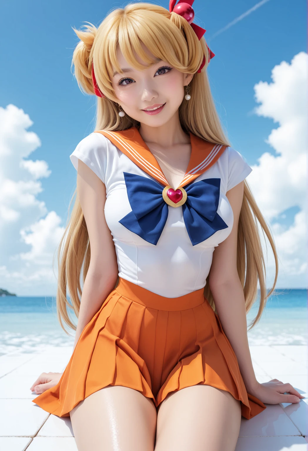 (best quality, 8k, photorealistic:1.5), (solo),(one girl:1.5),(Childish),(baby face),(pin up girl),(pinup model photos:1.3),(shiny skin),(oily skin),(blonde hair:1.3),(straight hair),(long hair:1.5),(beautiful girl),(cool beauty girl),(elegant woman),(Blush brown makeup),(dark eye makeup),(pink lipstick),(big beady eyes girl:1.3),(droopy eyes woman),(blue eyes girl:1.3),(impressive eyes),(expensive necklace), chuuChloe,(keep smiling),(looks fun:1.5),(mini thong:1.5),(healthy body),(Show off crotch:1.6),(teenager girl:1.5),(sailor venus costume play:1.5),