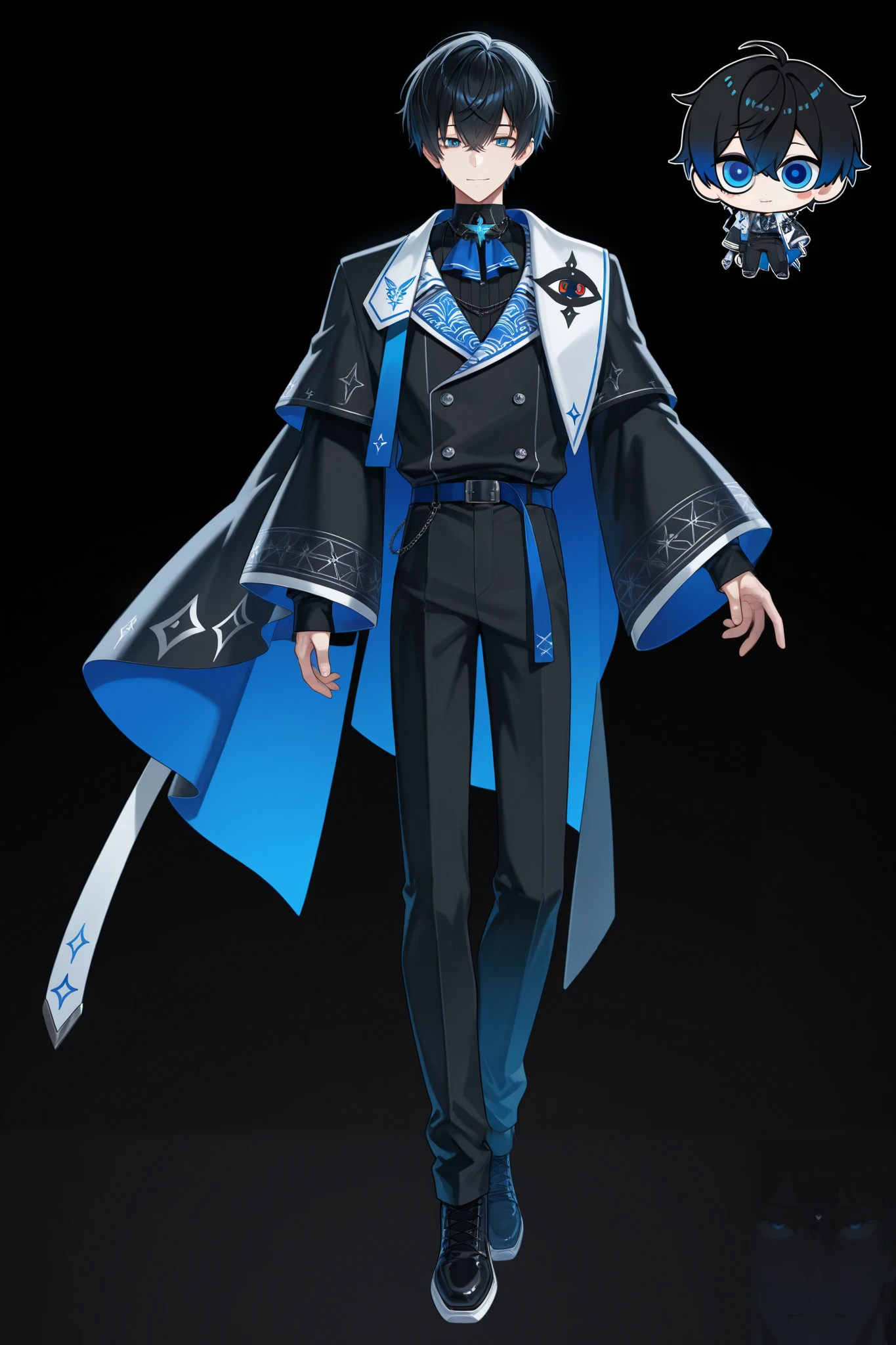 Ultra Fine, very detailed, 1 man,Age 30. black hair, Blue Eyes, shining eyes、Dragon's Eye 、big eyes、Virtual YouTuber Outfits、simple black background, character design drawing, {{full body}}