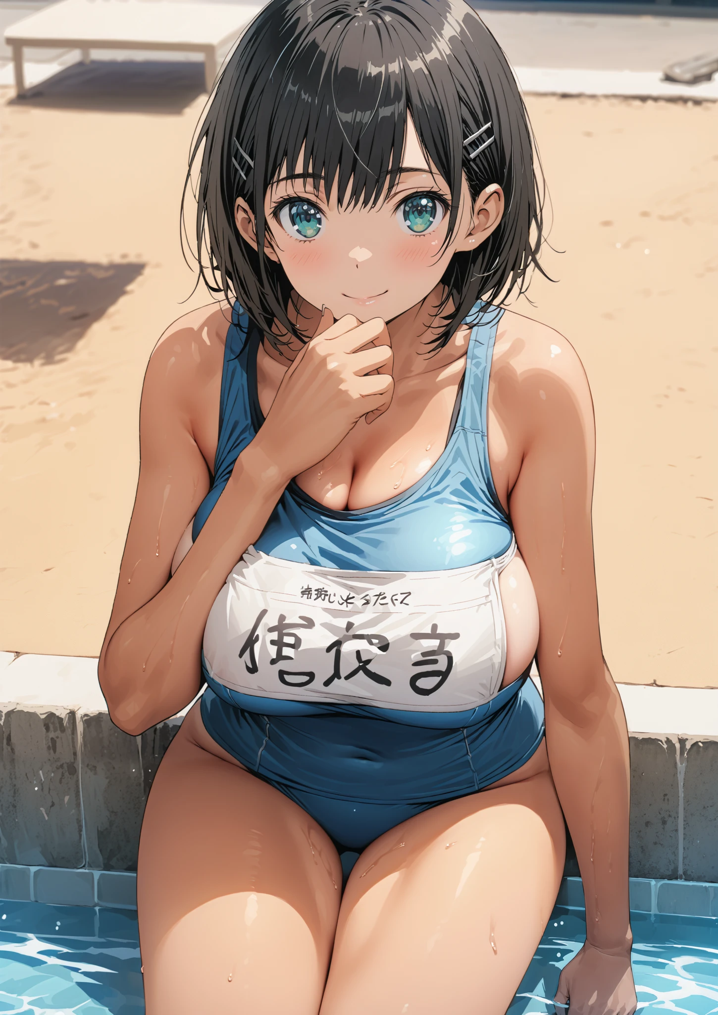 score_9, score_8_up, score_7_up, source_anime,
soon, Kirigaya Naoha , short hair, black hair, hair ornament,smile,is embarrassing,brown skin,Glowing Skin,cover,close your mouth,green eyes,Big Breasts,The Valley of the Chest,school swimsuit, school swimsuit pull ,pull,poolサイドで,Big Breasts,clothes drawer, Bare legs,clothed,bare shoulders in bright blue,presenting sunburnlines,sunburnlines, sunburn,Bare legs,so that the whole body is in the illustration,break outdoors, pool,
break looking at viewer,
break (masterpiece:1.2),top quality , kampala,Unity 8k Wallpaper,(shape:0.8),( fine, beautiful eyes :1.6),It's a person ,full body photo,CG Details , (perfect hands,complete anatomy),