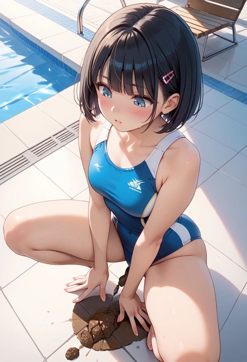 High quality、highest quality、complete limbs、Ultra high definition、bob cut、Shining eyes、full finger、slender beauty、smile、Wearing a white school swimsuit、shiny skin、knee high、girl's cute room、dramatic writing