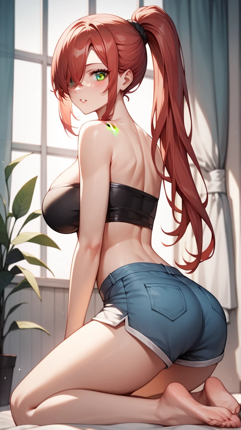 uma mulher apenas, surreal, super detalhada, rosto bem detalhado, The expression is sexy, details on facial expressions: 1.4): 0.4], roupa de couro preta apertada, 16K resolution, 4k resolution, ahegao, dynamic lighting, high definition resolution, ((melhor qualidade)), ((obra de arte)), (detalhado), corpo esbelto rosto perfeito, quadris largos e macios, focus on glutes, big, soft glutes, soft and medium breasts, seios lindos e marcados, corada, em plano de fundo VAZIO, linda, duplo v, vergonha, perky glutes, corada, roupa de couro preta apertada