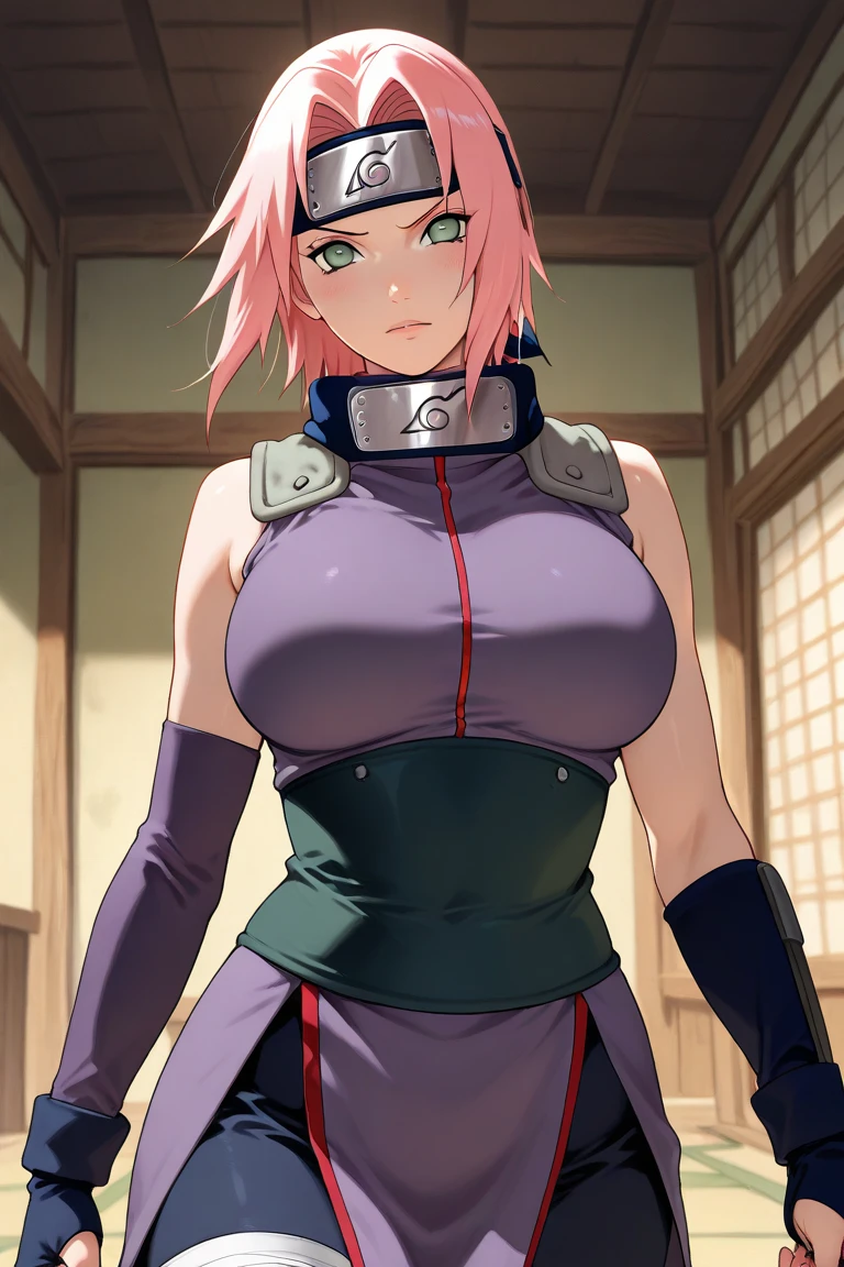 From anime Naruto,pink hair,,,big breast,smilem