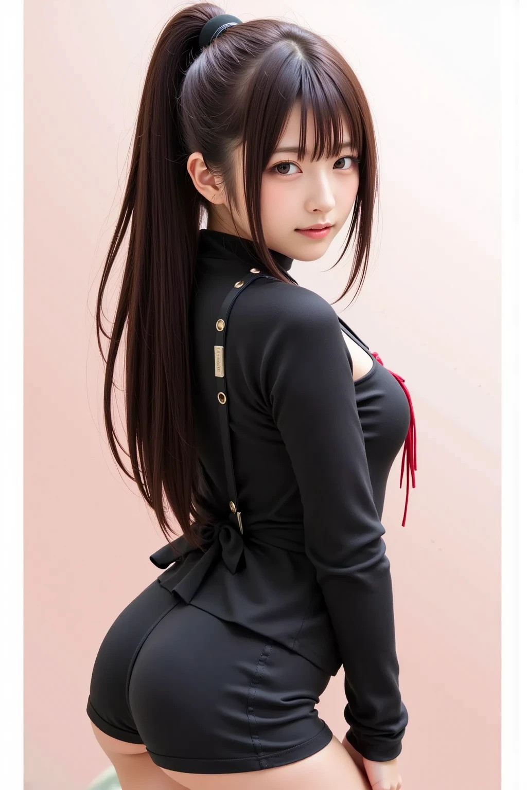 1 Girl, long black hair, bright red eyes, light skin, pink lipstick, Yumeko Jabami, black jacket with red details and open zipper, black bra, black shorts with red details, striped stockings, high sneakers, full body, Yumeko looking The spectator, with blushing cheeks.  