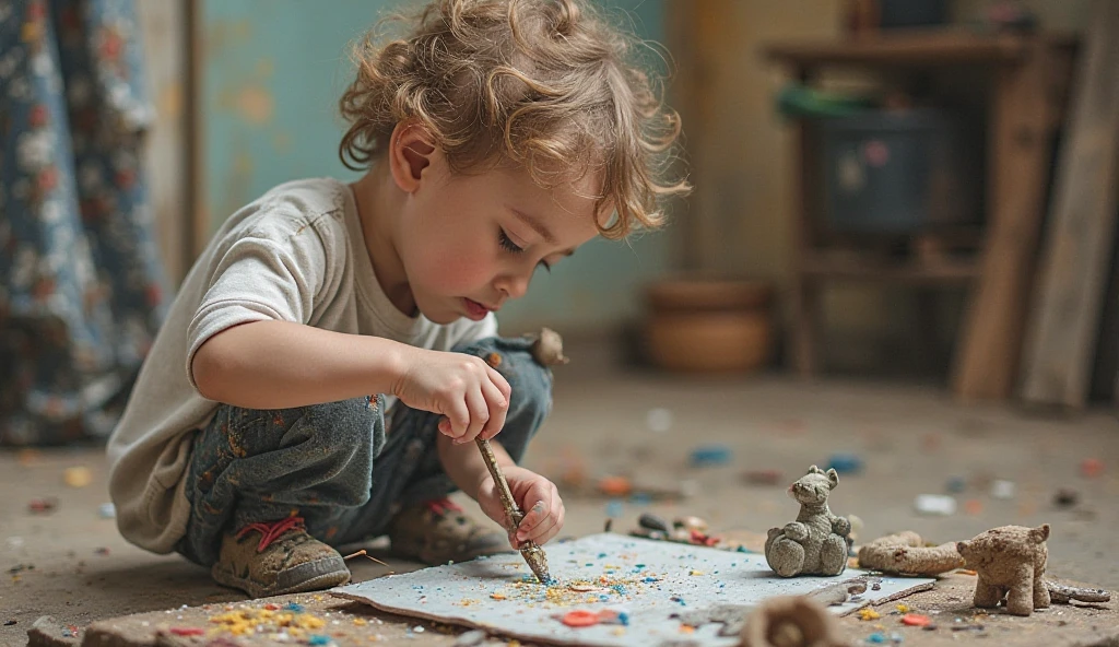 Handmade drawing style for children's story, with strong colors and magical but realistic environment. the setting is space. Featured a boy in shorts with light brown hair, red tshirt. The boy is sitting on the floor, surrounded by cardboard boxes, aluminum foil and colorful paints. He's wearing an apron and holding a brush, while painting the spaceship made of cardboard. His expression shows concentration and enthusiasm.