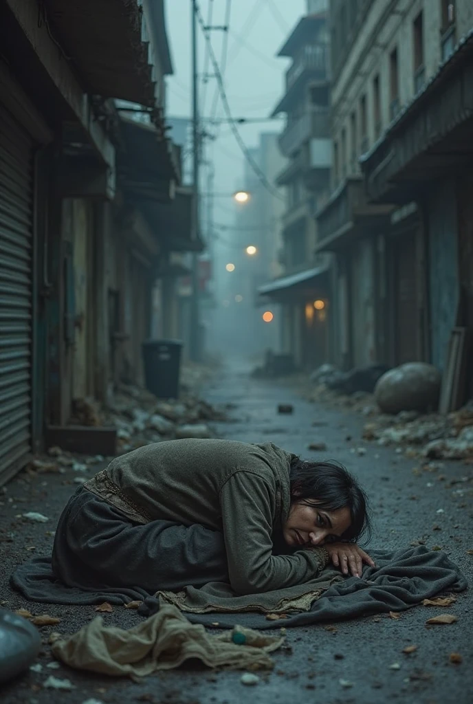 poor，Poor China sitting on the ground in the rain，Hands on knees
