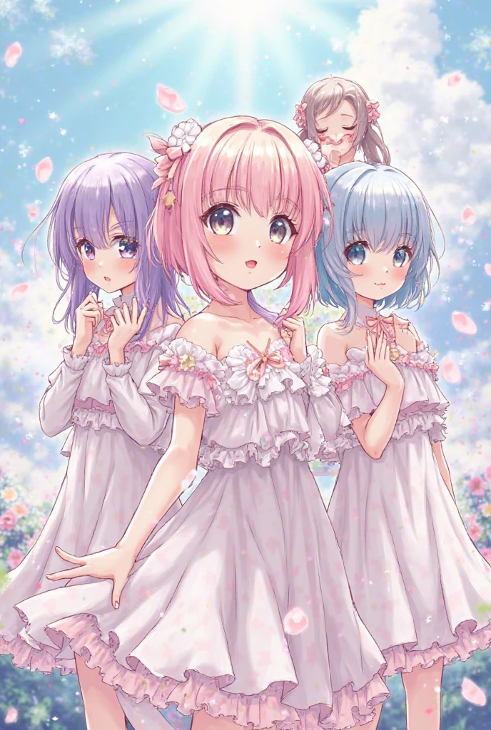 3 girls, triplets. Are stand, medium Hair, pink hair, cute white underwear, cute white dress, smile, ((32K)), ((best quality)), ((ultra high res)), ((HDR)), ((uhd)), ((extremely detailed CG)), ((unity 32K wallpaper)), ((perfect anatomy)), (cowboy shot), (from below),