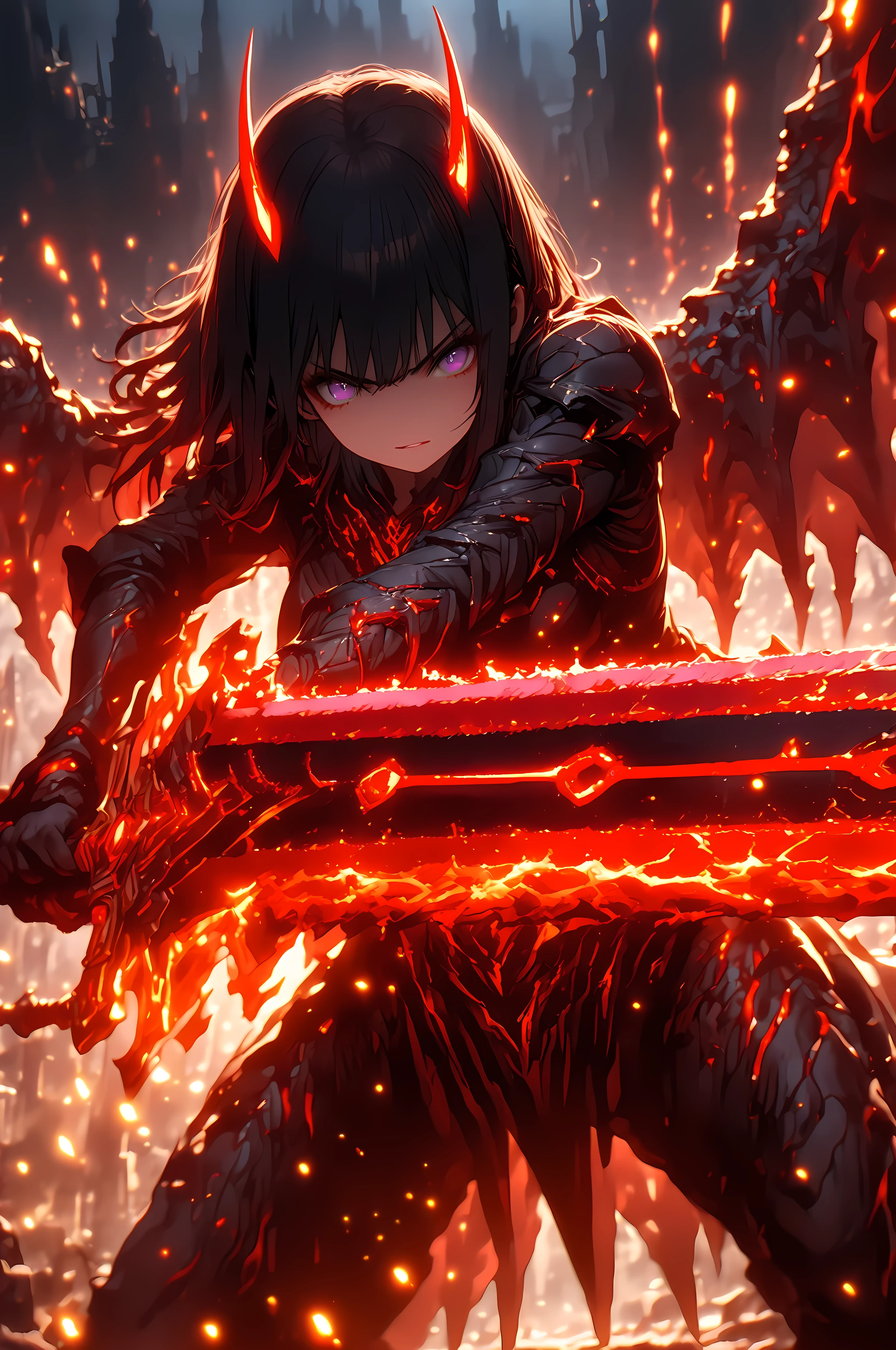 The dynamic scene captures,
the instant energy yellow sparks as a woman with black hair and dark purple eyes,
launches a thrusting attack with a great sword that is covered in red flames,
The red flames surrounding her great sword give it an eerie glow,dark fantasy,(((big monster))),
from below,