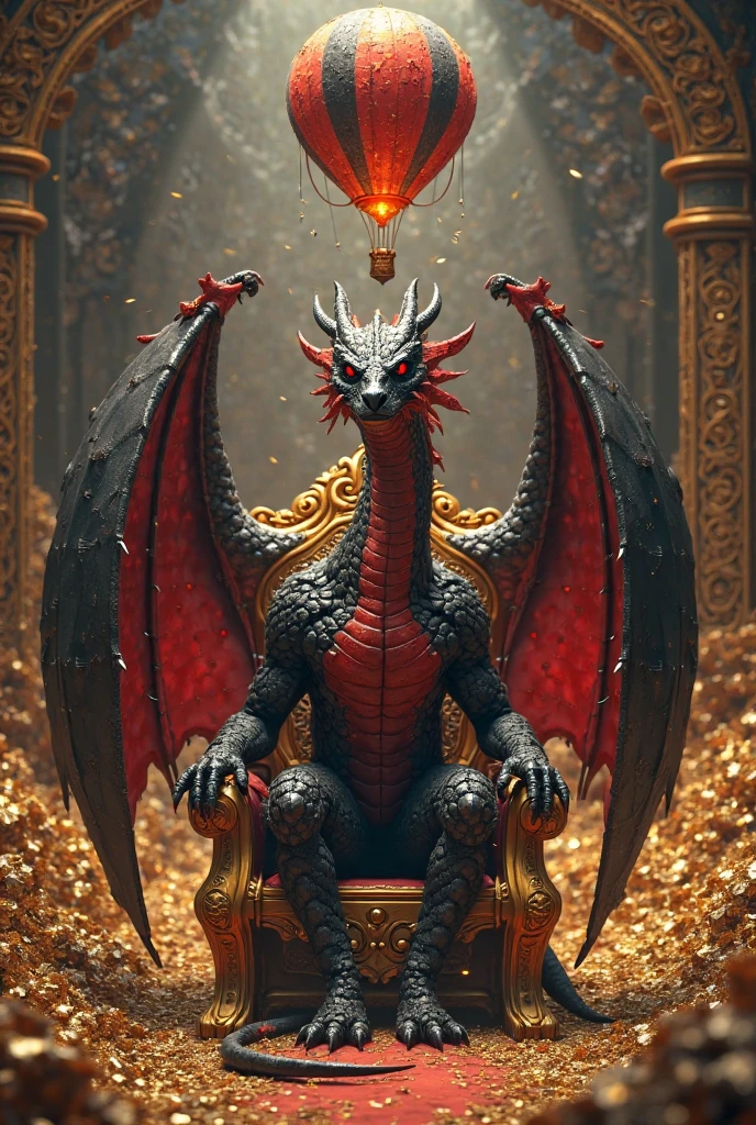 Black chair with a red dragon design on it with a black dragon wings with fire