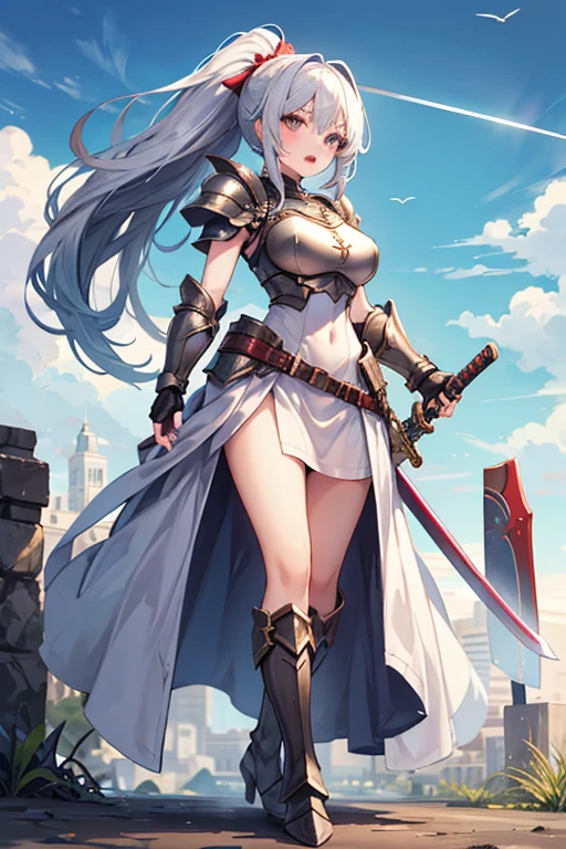 4K,High resolution,One Woman,White Hair,long hair,Blue Eyes,Valkyrie,Silver Sacred Armor,Heavy Armor,Sideboob,Blue long boots,Blue gloves,Winged headgear,Jewelry decoration,Holy Sword,Temple in the Sky