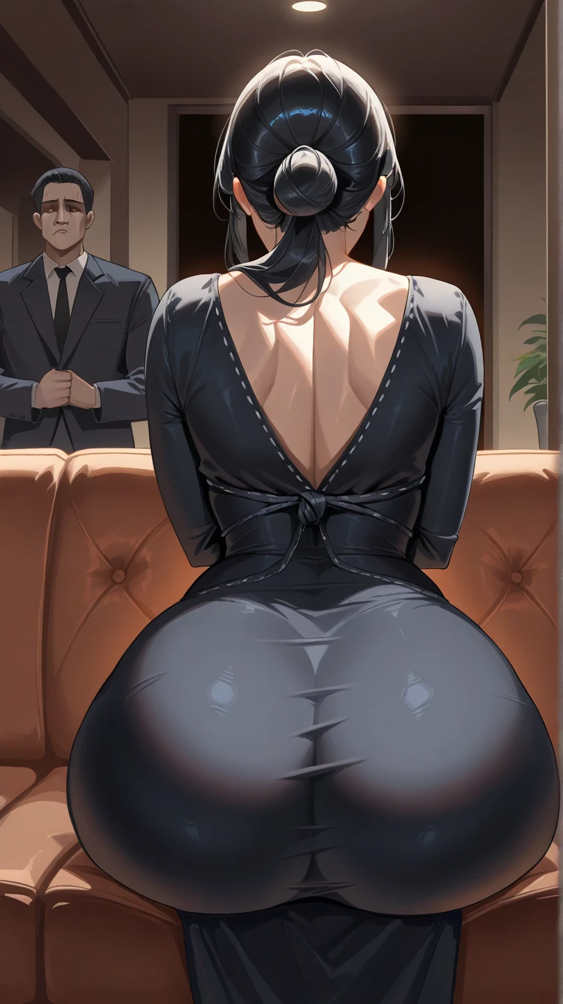 High resolution, (((House  setting))), ((( Hispanic girl ))), ((bimbo)ong black hair, ponytail, wide hips, thick thighs, hourglass figure, small round breast, heris turned looking at the viewer with a sad, huge ass size, Brazilibutt lift, (she's weg a tight blue dress), her ass is covered, (((a atttive man is standing beside her))), ((he's in his 30s and wearing a suite)), (((he's grabbing and groping her ass))), ((his hand is squeeg her ass)), (((her ass is being grad))), (((view m above)))