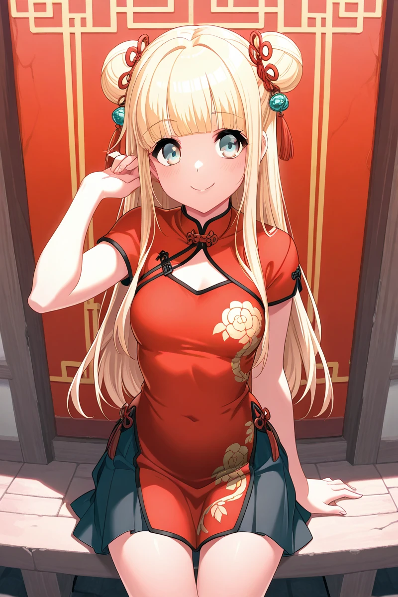 high resolution,smile,woman,woman1人,adult,cute, Medium Hair,wavy hair,
Blonde Hair,Light blue eyes, Red Chinese Dress,whole body, BREAK Background white,