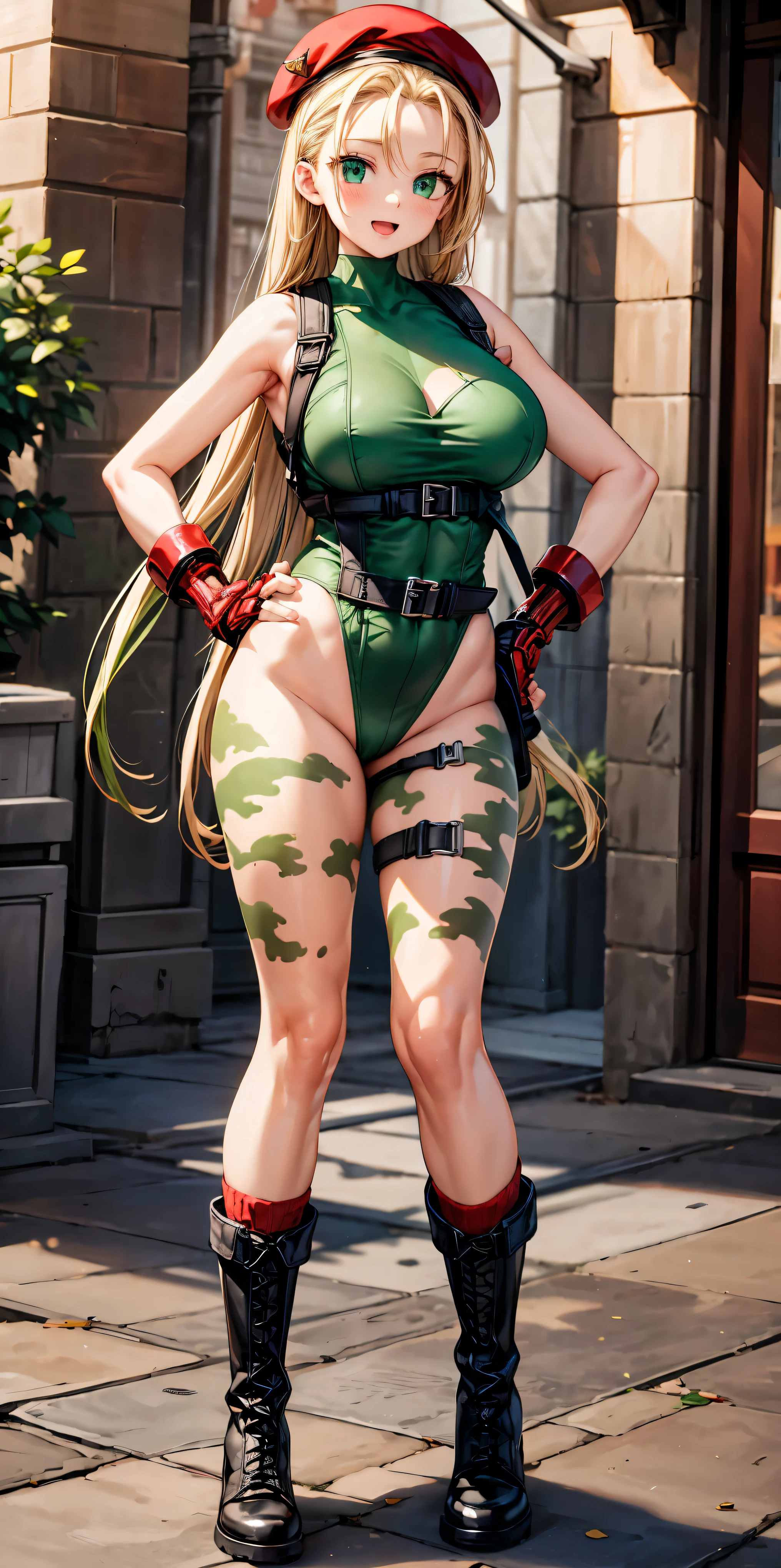 masterpiece、 high image quality、smiles、open mouth、(blonde long hair)、(clothed:1.5、hands on hips:1.3、big breasted、 SFW Giant 、long legs)、 blue eyes、cammy white, long hair, blonde hair, beret , (red headwear:1.3), large breasts, ( green leotard :1.5),harness belt、 sleeveless, red gloves, fingerless gloves, camouflage、(black long boots)、(belt wrapped around the thigh)