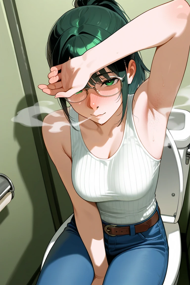 1girl, solo, {53 years old, milf, teal and green hair, messy hair, asymmetrical hair, ahoge, very short hair, aqua eyes, medium breasts, pale skin, glasses}, loose clothes, jean shorts, embarrassed, bathroom, mirror selfie, underboob