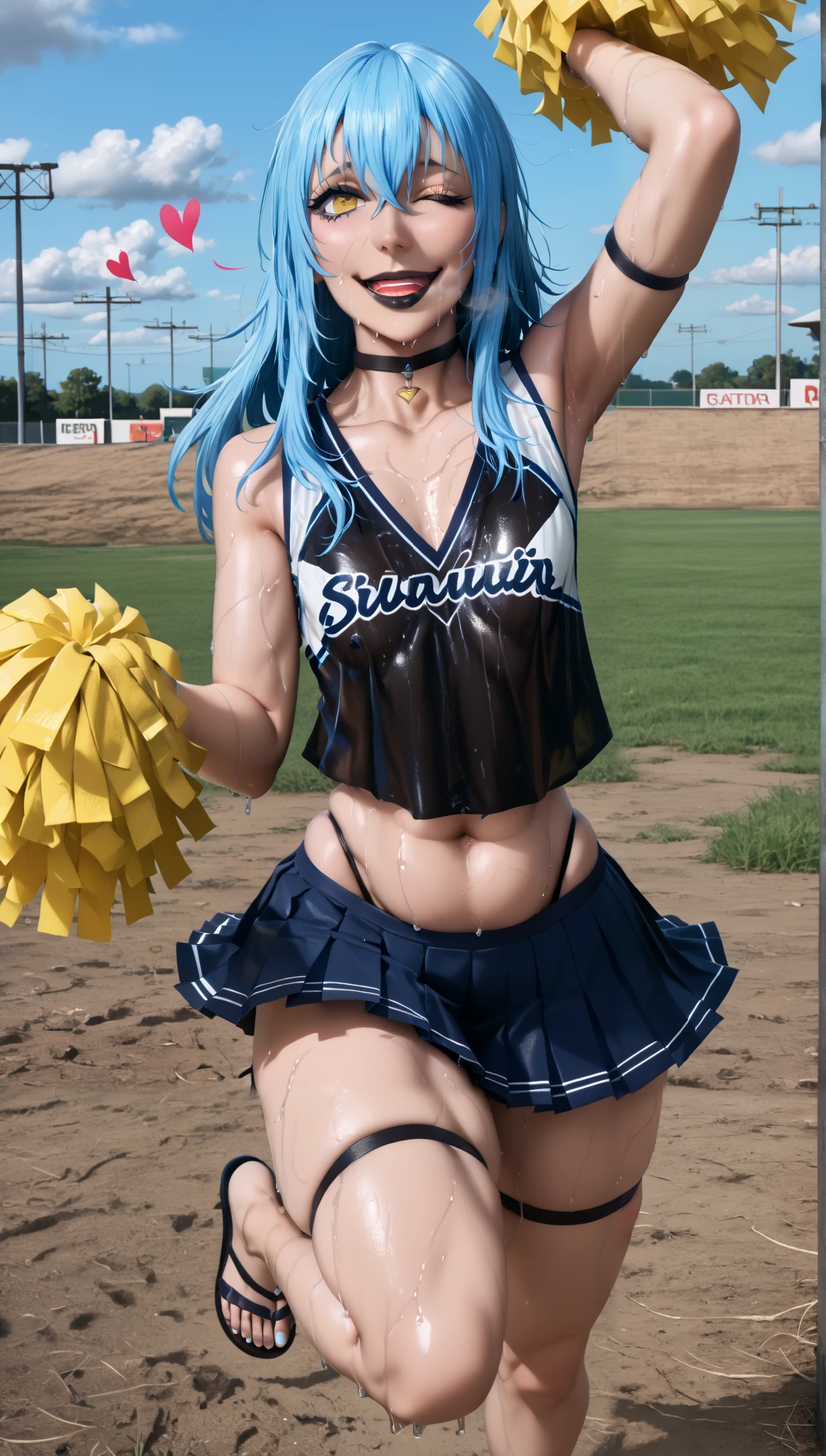 GrRimuru, rimuru tempest, long hair, hair between eyes, blue hair, yellow eyes, androgynous, mature female, (black lipstick, black lips:1.3), (small breasts:1.3), BREAK detailed eyes, (perfect hands, perfect anatomy), detailed eyes, (perfect hands, perfect anatomy), (skindentation:1.2), Anime Style, Manga Style, Hand drawn, cinematic, Sharp focus, humorous illustration, big depth of field, Masterpiece, concept art, trending on artstation, Vivid colors, Simplified style, trending on ArtStation, trending on CGSociety, Intricate, Vibrant colors, Soft Shading, Simplistic Features, Sharp Angles, Playful, excessive sweating, sweating profusely, sweating drop, (gasping, heavy breathing:1.2), (glow effect:1.2), BREAK, solo, looking_at_viewer, wet, wet_clothes, standing, collarbone, outdoors, backlighting, ((protruding breasts:1.3)), BREAK, hearts, pleasured, large breasts, sagging breasts, 1girl, breasts, pom pom \(cheerleading\), cheerleader, solo, skirt, one eye closed, navel, smile, midriff, crop top, open mouth, full body, panties, field, looking at viewer, underwear, white background, pleated skirt, thigh strap, thighs, sandals, sleeveless, arm up, bare shoulders, choker, cloudy sky, dusk, (flabby stomach),