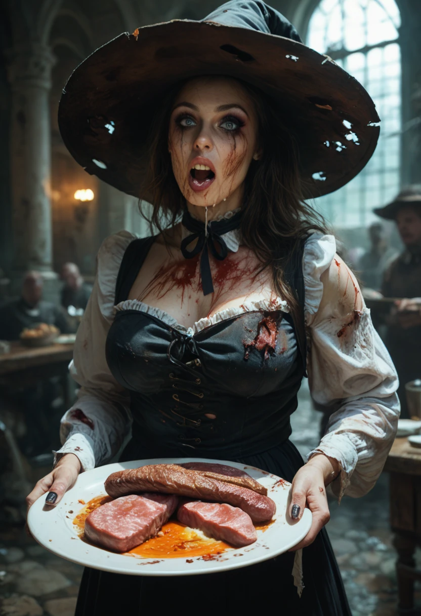 zrpgstyle, masterpiece, highly detailed, middle aged fat woman selling (fish:1.2) at medieval open air market, big smile, holding knife, holding big fish, (dirty grimy bloodied long brown leather apron:1.2), (bloodied hands:1.0), long dress, simple bonnet, overcast weather, wet littered muddy ground, dark gloomy early morning, big bodied, rosy cheeks, full round face, wet short curly ginger hair, market stall with fish in background