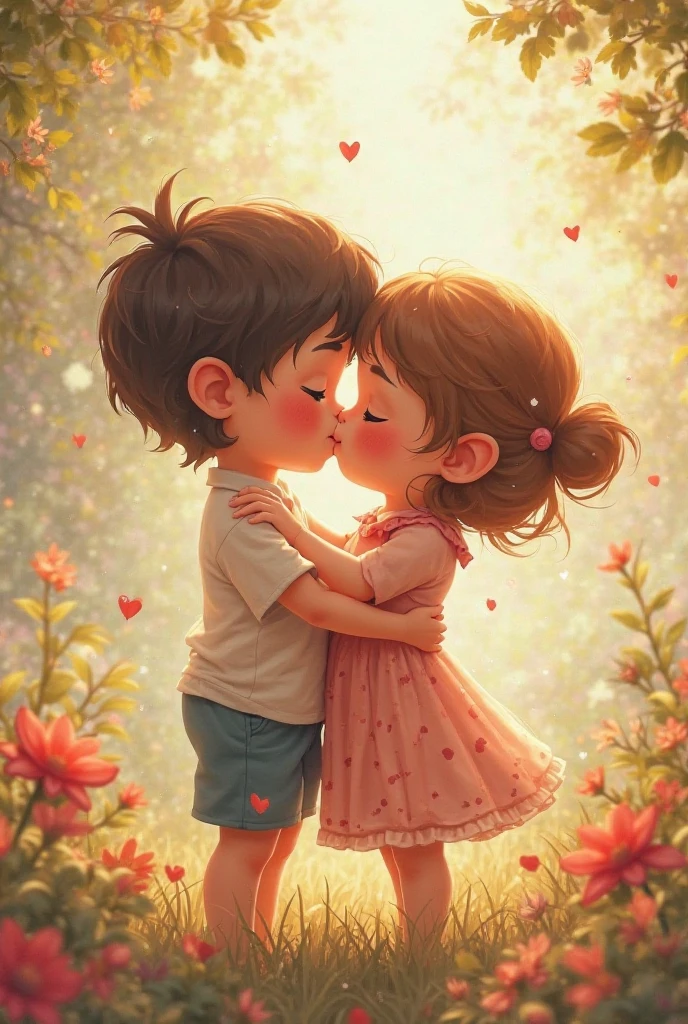 Boy and girl kiss at garden