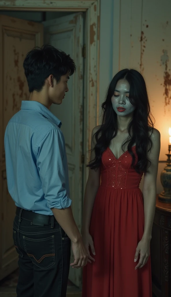 Chinese, very cute beautiful young woman, stuck a knife in his throat of a boy blindfold bloody in n eck sadism, luxury house