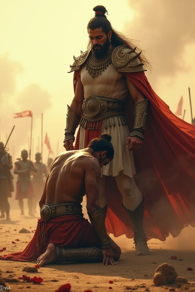 A powerful and intense scene of David standing victorious over Goliath. David, with a determined expression, is shown holding Goliath's severed head by the hair, raising it triumphantly. The background features a dramatic battlefield, with Goliath's large, defeated body lying on the ground. David, dressed in simple shepherd's clothing, contrasts sharply with the massive, intricate armor of Goliath. The scene is filled with dynamic energy, emphasizing David's triumph and the dramatic conclusion of the battle
