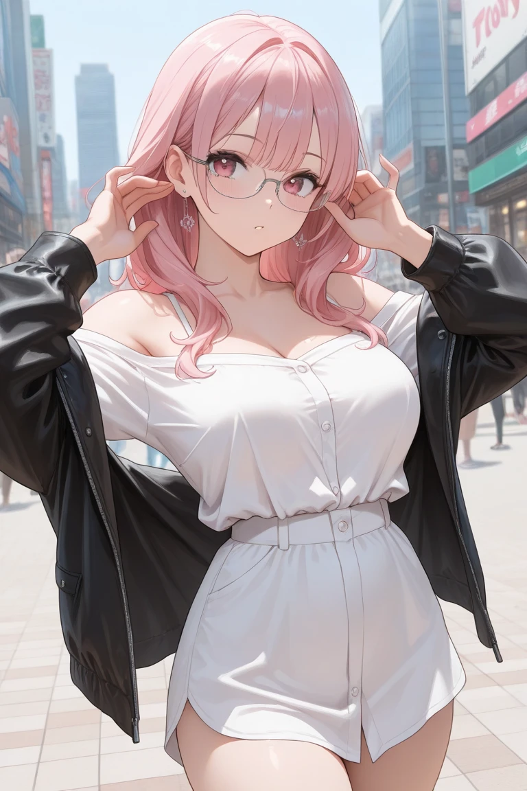 Spiral Curls，Hair is soaked，sunglasses，Bend over，Staring closely at the camera lens，Chest close-up，One size larger crew neck sweater，Shoulder bag，Nail Art