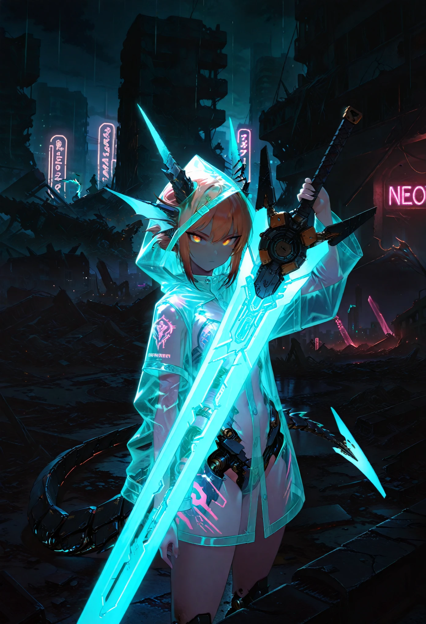 1girl, masterpiece, neon lights, night, battlefield, ruins, cityscape, cowboy shot, see-through holographic clothing, see-through raincoat, dragon horns, mechanical tail, mecha musume, tsurime, holding greatsword, huge weapon, fin funnels, pose, glowing, dark,