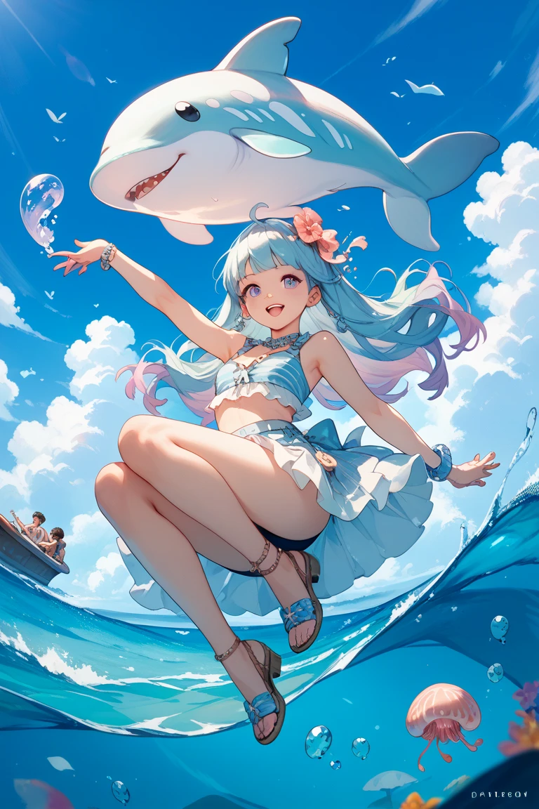 super smile, breast, summer, sun, sea, beach, approaching sun, beauty in the center, dolphin, mermaid, reflection, --v6