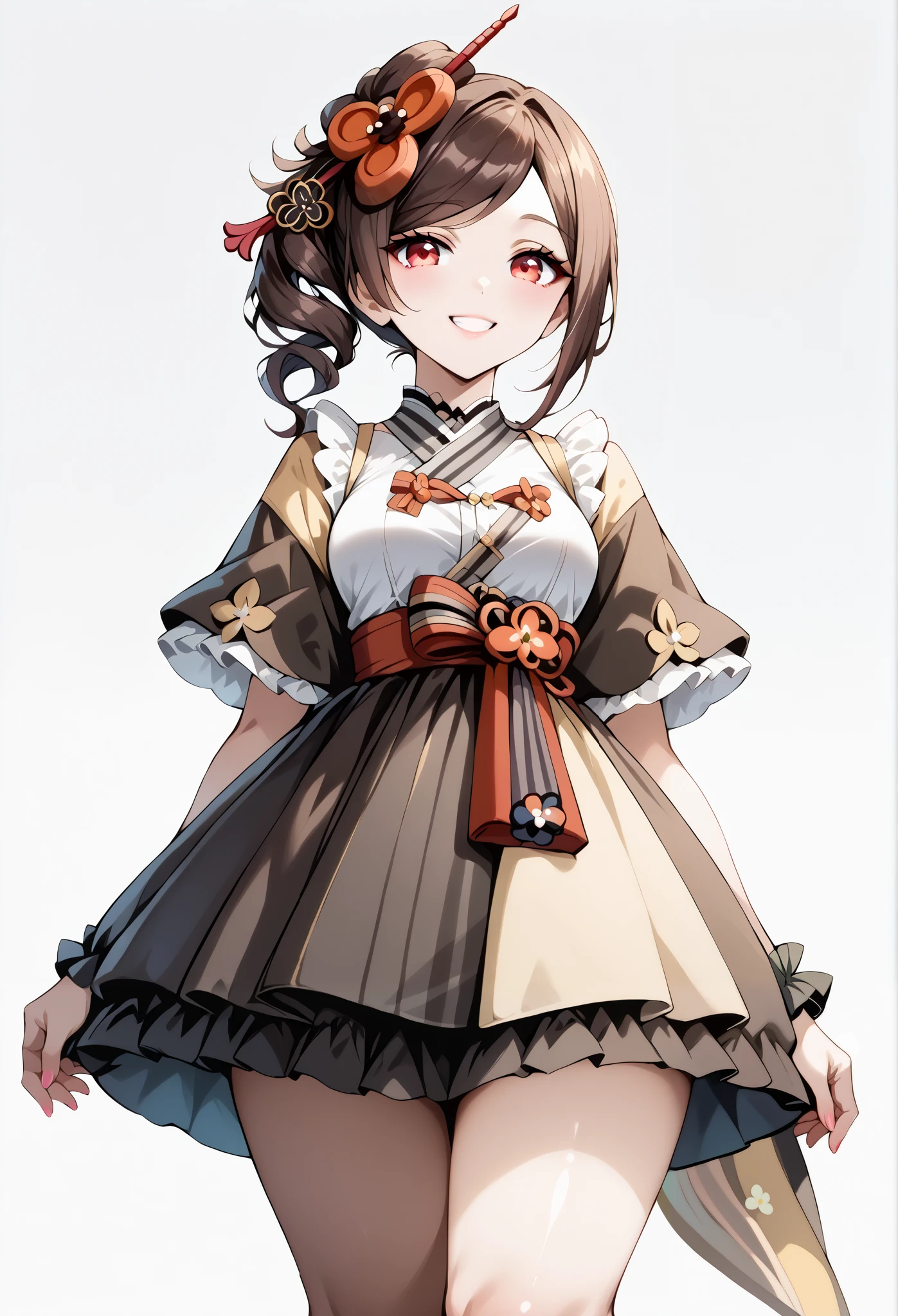 score_9, score_8_up, score_7_up, source_anime, 4K,perfect fingers,(perfect hands, perfect anatomy),prefect lighting, very aesthetic, intricate details,highly detailed background, masterpiece, high quality, best quality,
1girl,Solo,genshinchiori, chiori, brown hair, hair ornament, red eyes, hair flower, large breast,
wearing ((casual dress,frills,ornate clothing, )),,
looking at the spectator, cowboy shot, filed, Arms Behind Back, high thigh individual , (large breasts:0.9),Stand up,fullbody,((White plain background:1.5)) ,smile,((front look:1.5)),