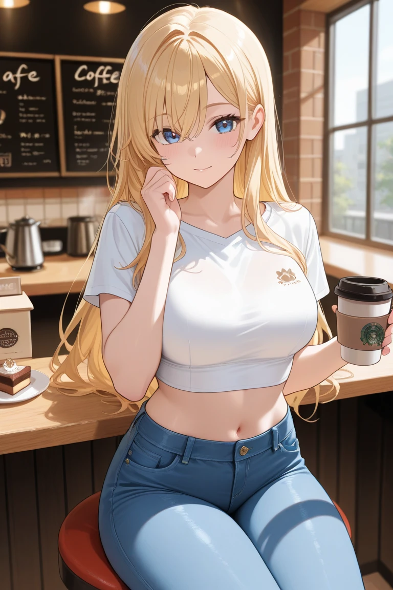 a young girl by herself, long blonde hair, hazel eyes, large breasts, sexy sleep shorts and a crop top, sexy pose, smile, coffee shop, lounge, relaxing
