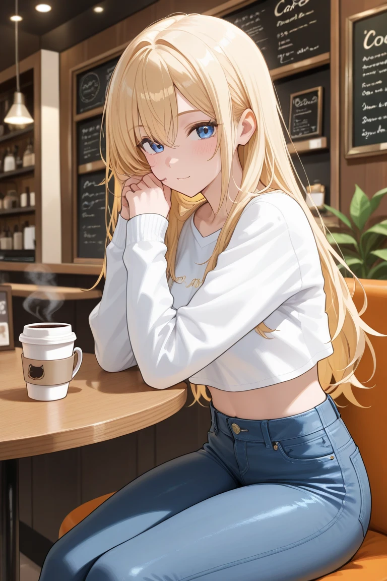 (sitting on a chair in a cafe:1.2)、off shoulder knit、(showing nipples 1.2)、(gal)、cute eyes、show teeth、blonde hair