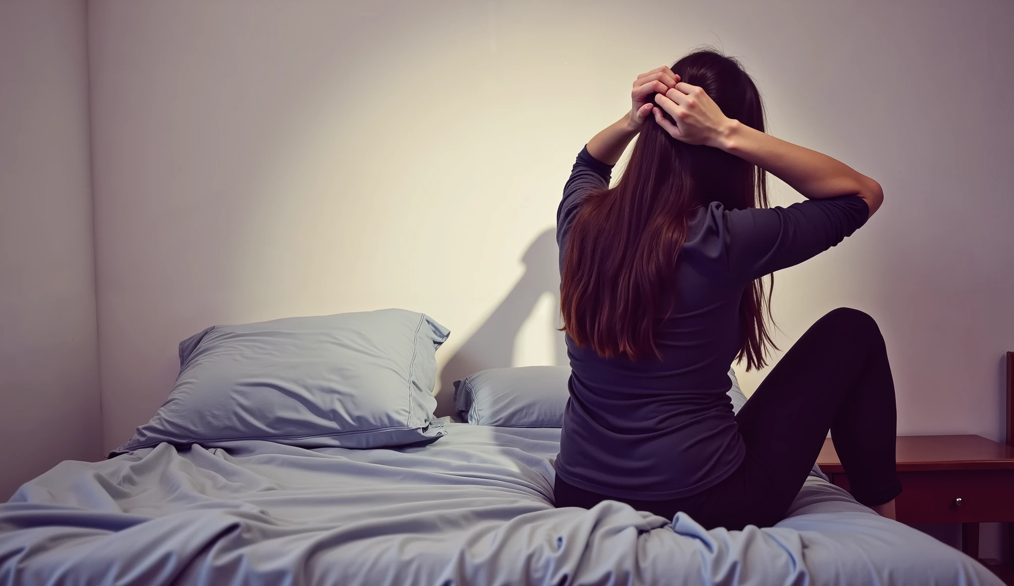 A realistic high-resolution photograph of a woman sitting at the very edge of a slightly messy bed in a dimly lit bedroom. She is positioned edge in the frame, wearing a dark-colored casual outfit, seen from behind as she ties her long hair with both hands. Her posture is slightly hunched, emphasizing a contemplative mood. The moody lighting casts a distinct shadow of her figure onto the plain white wall behind her. The room has a simple, slightly worn aesthetic, with soft blue bedsheets and pillows. The atmosphere feels mysterious and introspective, with a cinematic composition ensuring the subject is placed at the edge of the bed, enhancing the sense of space and depth