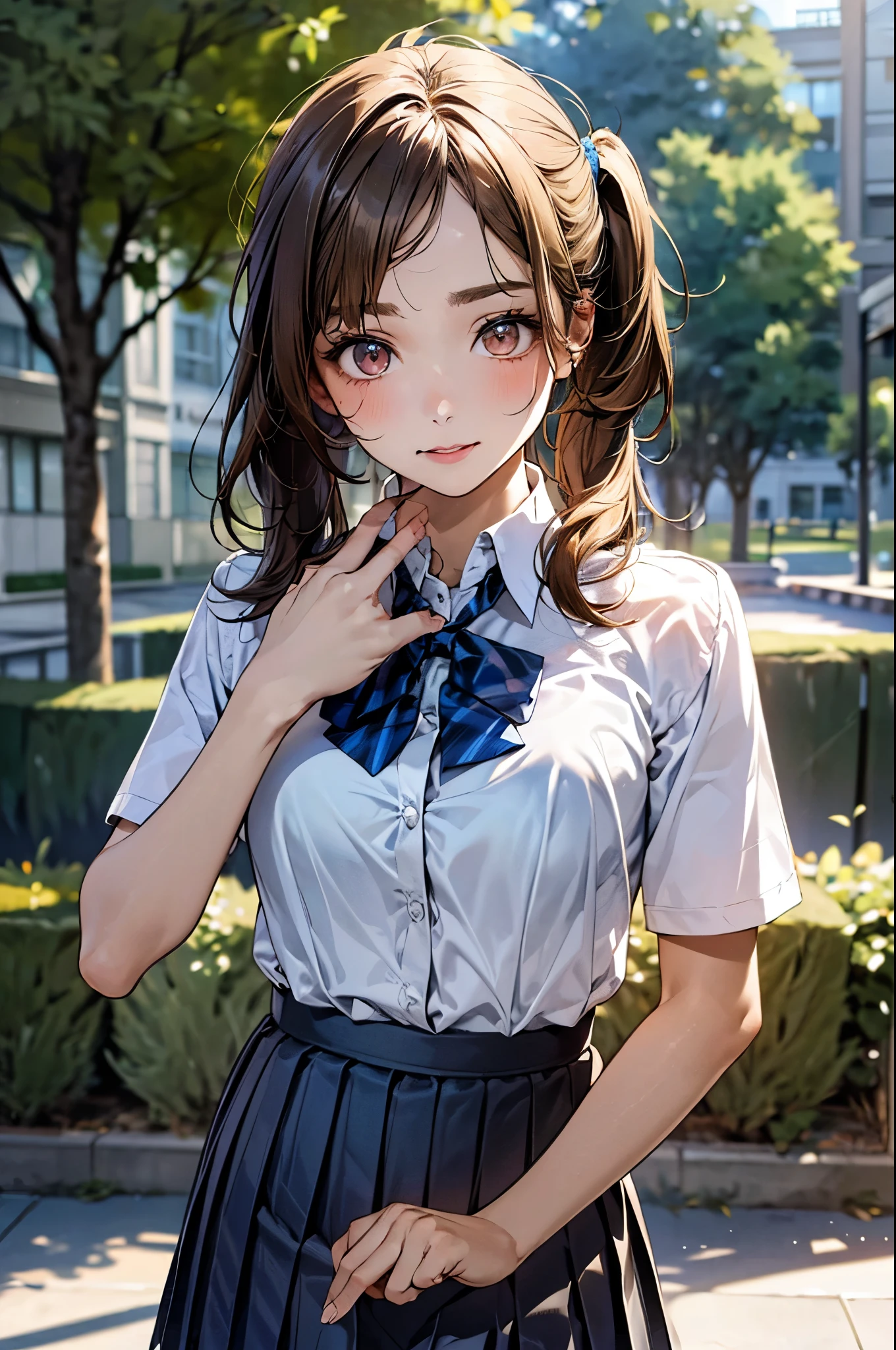((jojo pose, giorno pose)), pose parody, solo, pose imitation, (clothes grab),
(masterpiece:1.3, top-quality, ultra high res, ultra detailed), (realistic, photorealistic:1.3), beautiful illustration, perfect lighting, natural lighting, colorful, depth of fields, 2025s, ,
beautiful detailed hair, beautiful detailed face, beautiful detailed eyes, (perfect anatomy, anatomically correct, super detailed skin), shiny skin,
looking at viewer, 1 girl, high school girl, cute and symmetrical face, perfect face, perfect eyes, perfect body, perfect fingers, babyface, cute face:1.2, tiny,
(middle hair, side ponytail, light brown hair), ((hair pulled back:1.2, forehead)), brown eyes, big eyes, long eye lasher, (medium breasts, seductive thighs), slender, skin dentation,
(detailed cloth texture), (blue bowtie), BREAK ((white collared shirt)), ((navy pleated skirt) ),,
(beautiful scenery), summer, evening, detailed background, (schoolyard:1.5),