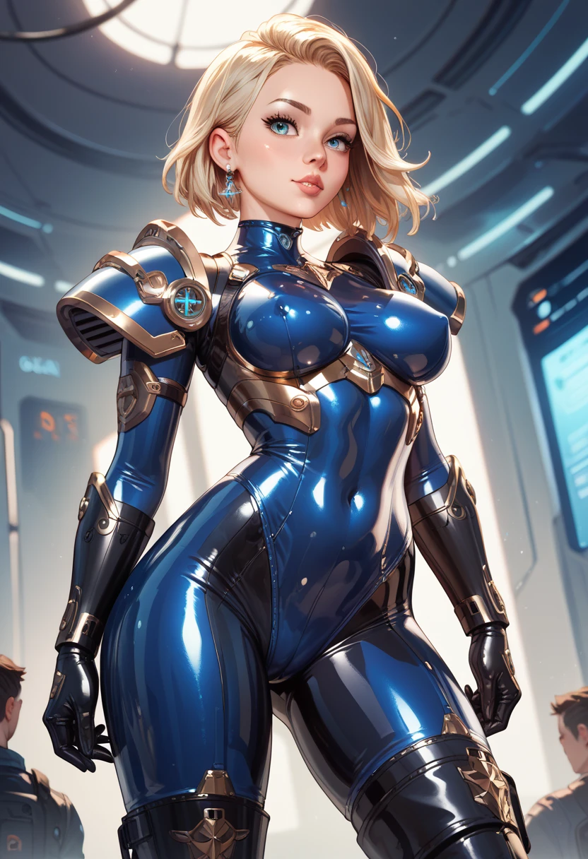 a young blonde girl in a black with gold accent space suit, seductive pose, beautiful detailed face, piercing beautiful detailed blue eyes, light freckles, detailed muscular body, ponytail hairstyle, no background, full body, beautiful detailed lips