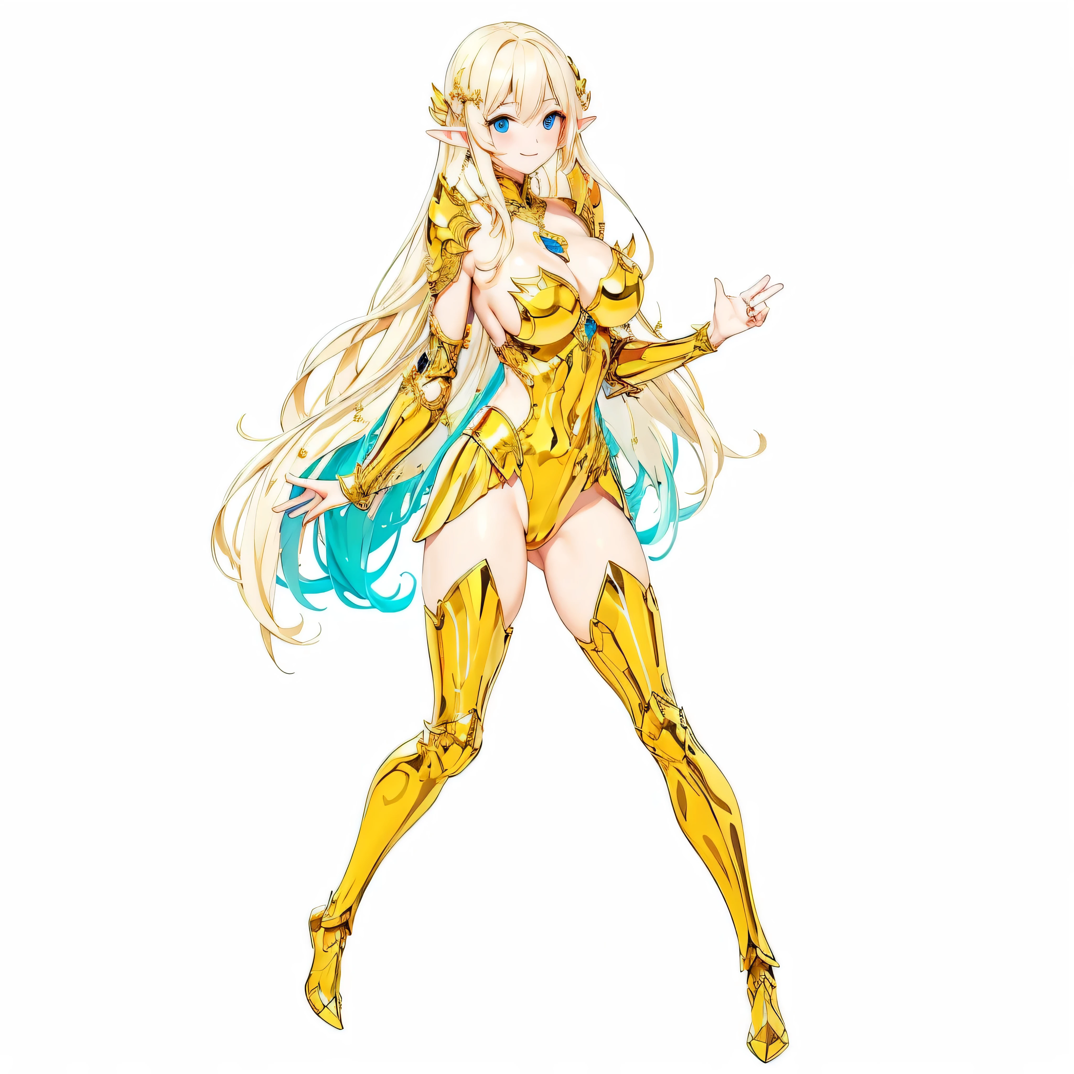 masterpiece、ultra-quality、extremely transparent skirts、Very transparent bra、Full body like、nudde、no-bra、Very slender、Anime girl with blonde hair and gold armor posing naked、anime girl with a very big breast and a very big breast、Elven Girl、anime goddess、Perfect Style、The fleshy feeling of whip、a blond、Blue eyes、alluring elf princess knight、Very open chest、oppai proportions、(Exposed seductive attractive cleavage:1.3)、teats、You can almost see the areola、Ecchi anime style、Glittering golden armor、Angel Smile、angelic golden armor、Glamorous bikini armor、Beautiful fingers、Gold hair ornament、Sexy body、Emphasizes cleavage