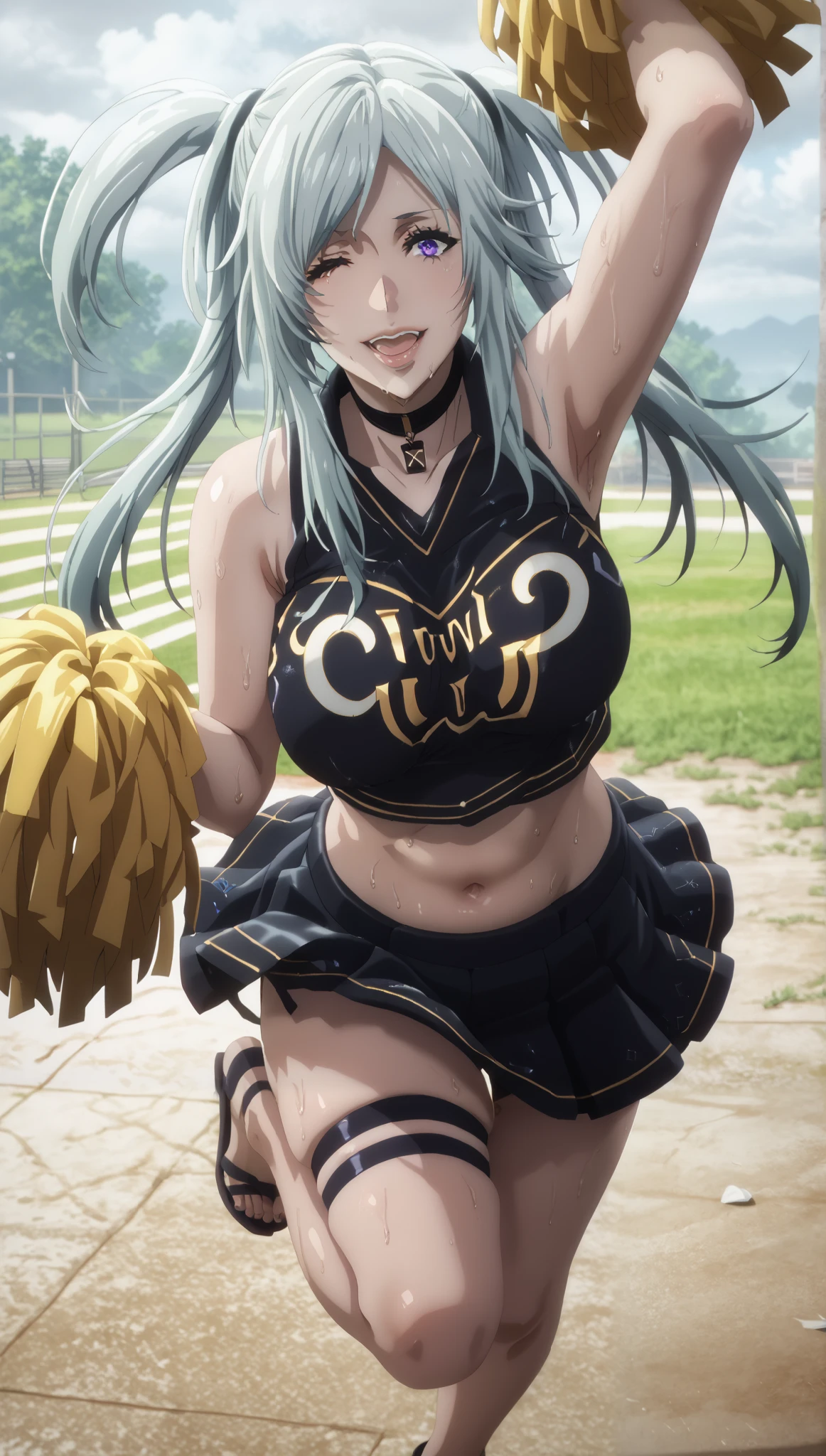 MmmmmKunSnsfW, score_9, score_8_up, score_7_up, score_6_up, score_5_up, score_4_up, uncensored, epsilon, long hair, twintails, blue hair, purple eyes, sidelocks, (skindentation:1.2), (thick:1.2), BREAK (perfect hands, perfect anatomy), beautiful detailed eyes, beautiful detailed lips, extremely detailed face and portrait, elegant expression, soft warm lighting, volumetric lighting, cinematic composition, detailed environment, lush garden, vibrant colors, intricate details, masterpiece, high resolution, digital painting, excessive sweating, sweating profusely, sweating drop, gasping, heavy breathing, hollow eyes (Abstractionism:1.2), BREAK, hearts, pleasured, large breasts, sagging breasts, 1girl, breasts, pom pom \(cheerleading\), cheerleader, solo, skirt, one eye closed, navel, smile, midriff, crop top, open mouth, full body, panties, field, looking at viewer, underwear, white background, pleated skirt, thigh strap, thighs, sandals, sleeveless, arm up, bare shoulders, choker, cloudy sky, dusk,