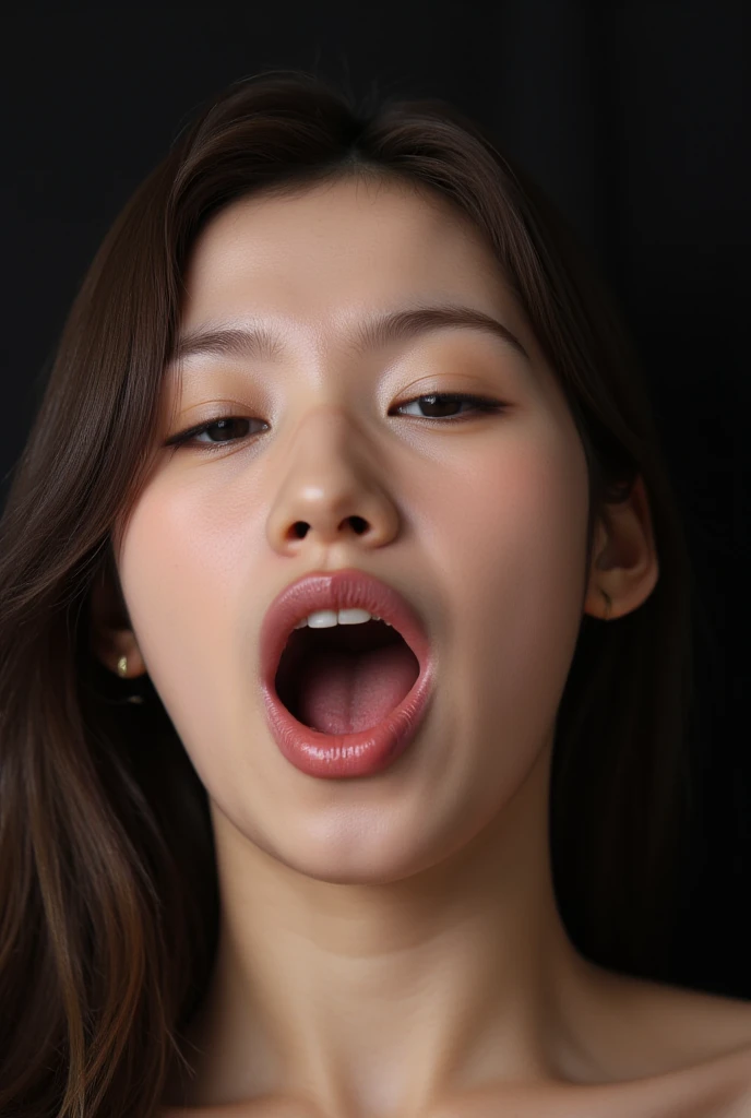 High resolution realistic photos,8k,Realistic skin texture,to be born々New People々,1 girl,Tabletop,,Awards - Winning Photos, Very detailed, Keep your eyes focused, Japanese、Pretty face、Beautiful Skin、Nose and mouth,Face Focus, Extreme close up of face、Woman with open mouth and closed eyes, Black camisole、20-year-old,Black-haired、Symmetrical face,Realistic nostrils、Angle from below、Elongated C-shaped nostrils,((Gray background))、Sweaty skin、汗でGlowing Skinを強調する照明、((Sharp Nose))Skin shiny with sweat、Shiny skin、Sweaty hair、sunlight、(Brow wrinkles)((Frowning))(Cum on tongue)、Deep Kiss、((Thin eyebrows))(((Oily skin)))、Glowing Skin、double eyelid、Wet and shiny tongue、Head raised