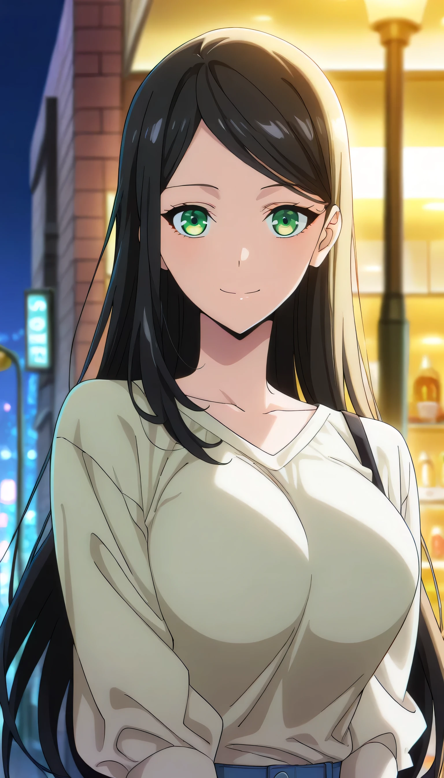 score_9, score_8_up, score_7_up, score_6_up, anime screencap, (masterpiece), (best quality), 1girl, solo, dynamic lighting, ((casual fashion)), (large full breasts), smile, looking at viewer, long hair, swept bangs, parted bangs, black hair, green eyes, dating, outside