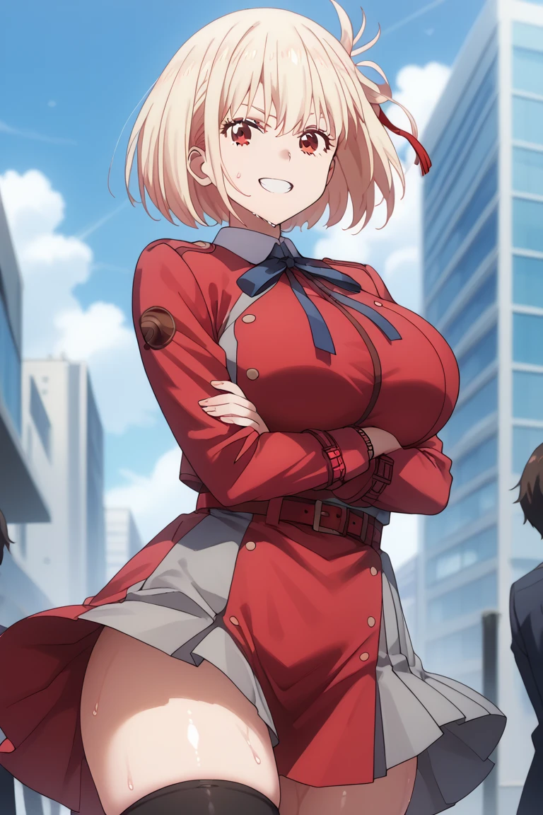 masterpiece, Highest quality, 1 person,( Large Breasts,Are standing, View your viewers,),Detailed Background、A person who writes in detail、Accurate human body、Knowledgeable person、Accurate 5 fingers,Mature Woman,Thighsが太い,Curvy Body, Nishikigi chisato, Bobcut, Hair Ribbon,Wrists above head,Cyclone \(Just once\),Long sleeve、Thighs、alone,((, Two-tone dress, Red dress, , Neck ribbon, Long sleeve,Short skirt)),((Absolute area)),,method, (Man's house), netorare, different,Embarrassed face、Sweating all over the body、vapor、high school girl、、Pussy juice,Putting a man's penis in your mouth、