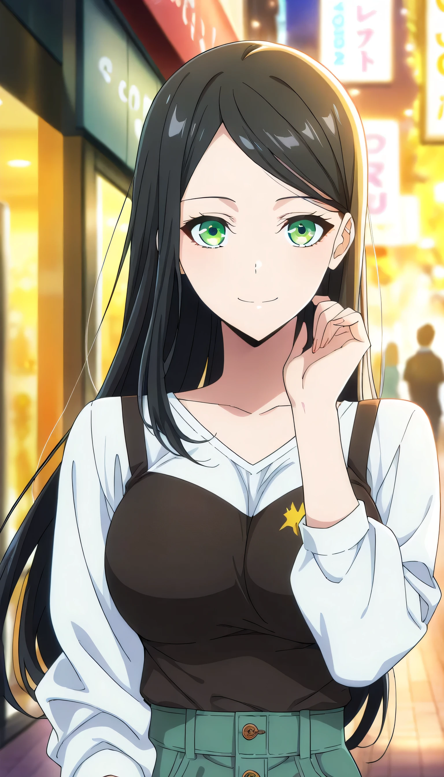 score_9, score_8_up, score_7_up, score_6_up, anime screencap, (masterpiece), (best quality), 1girl, solo, dynamic lighting, ((casual fashion)), (large full breasts), smile, looking at viewer, long hair, swept bangs, parted bangs, black hair, green eyes, dating, outside