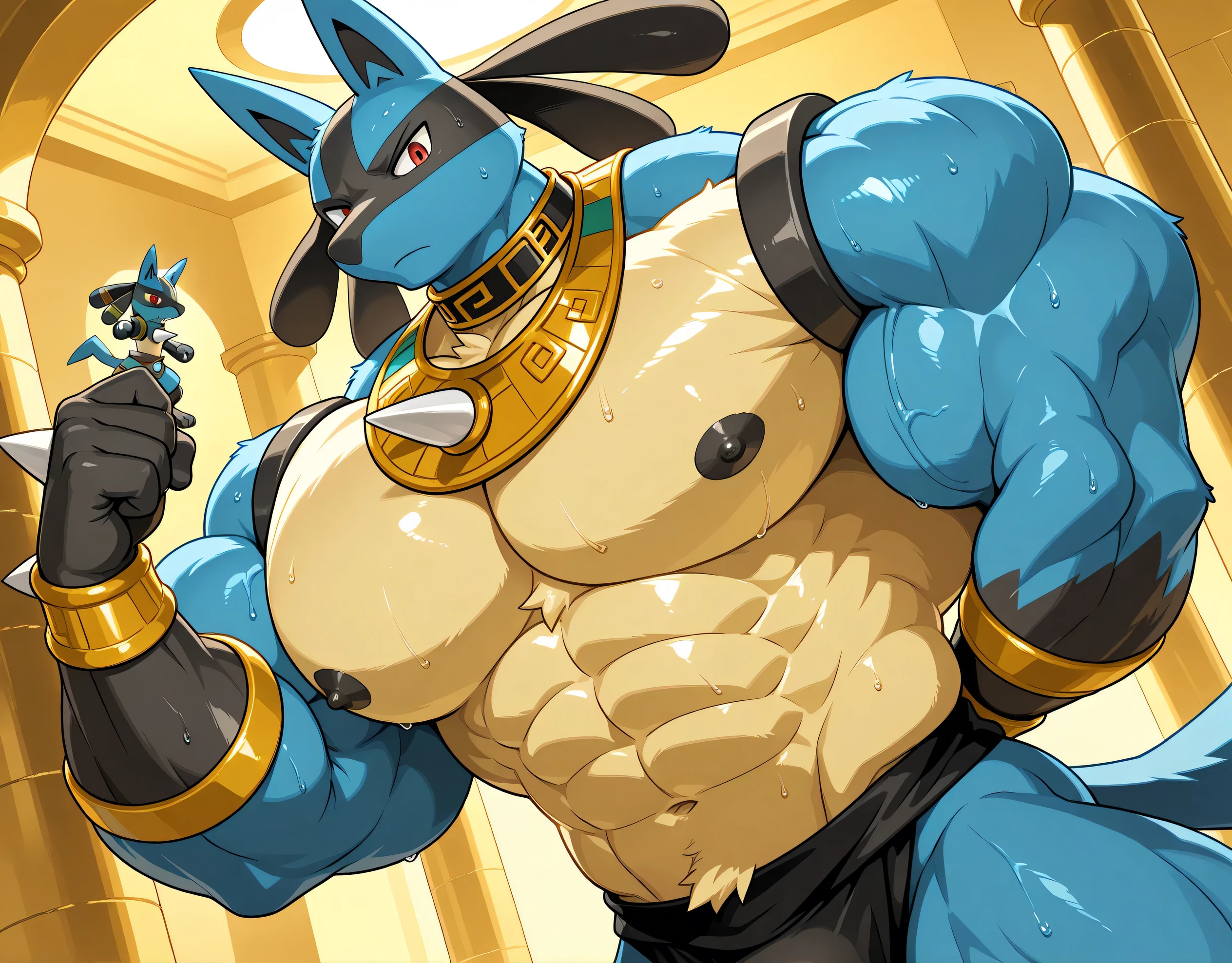 detailed background, low view, egypt, dutch angle, close up, score_9_up,score_8_up,score_7_up,score_6_up,score_5_up,score_4_up, BREAK kemono, bara, furry, 1boy, anthro, LucarioRS, pokemon (creature), lucario, Blue Fur, Chest Spike, Red Eyes, yellow chest fur with thicker patches on the collar, Spike on Hands, Two tone fur, Egyptian necklace, jewelry, huge muscular, broad shoulders, male, macro, black collar on neck, tail, male, posing, bedroom eyes, sweaty, huge black nipples, angry, looking at viewer, upper body shot, flexing an arm, one hand behind back, huge black loincloth, huge bulge in black loincloth