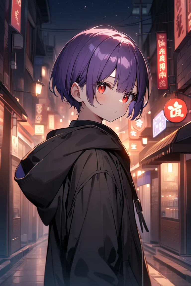 8k, best quality, ultra high res, cyberpunk style, sci-fi, anime vampire boy,red white Black mixed hair, half red half purple eye color both eyes, wearing round glasses, silver cross necklace, black rings, fangs, smile, wearing a big cybercoatwith different lighting in it , long big cybernetic scythe, outside nightclub on Japanese street, cybergothic