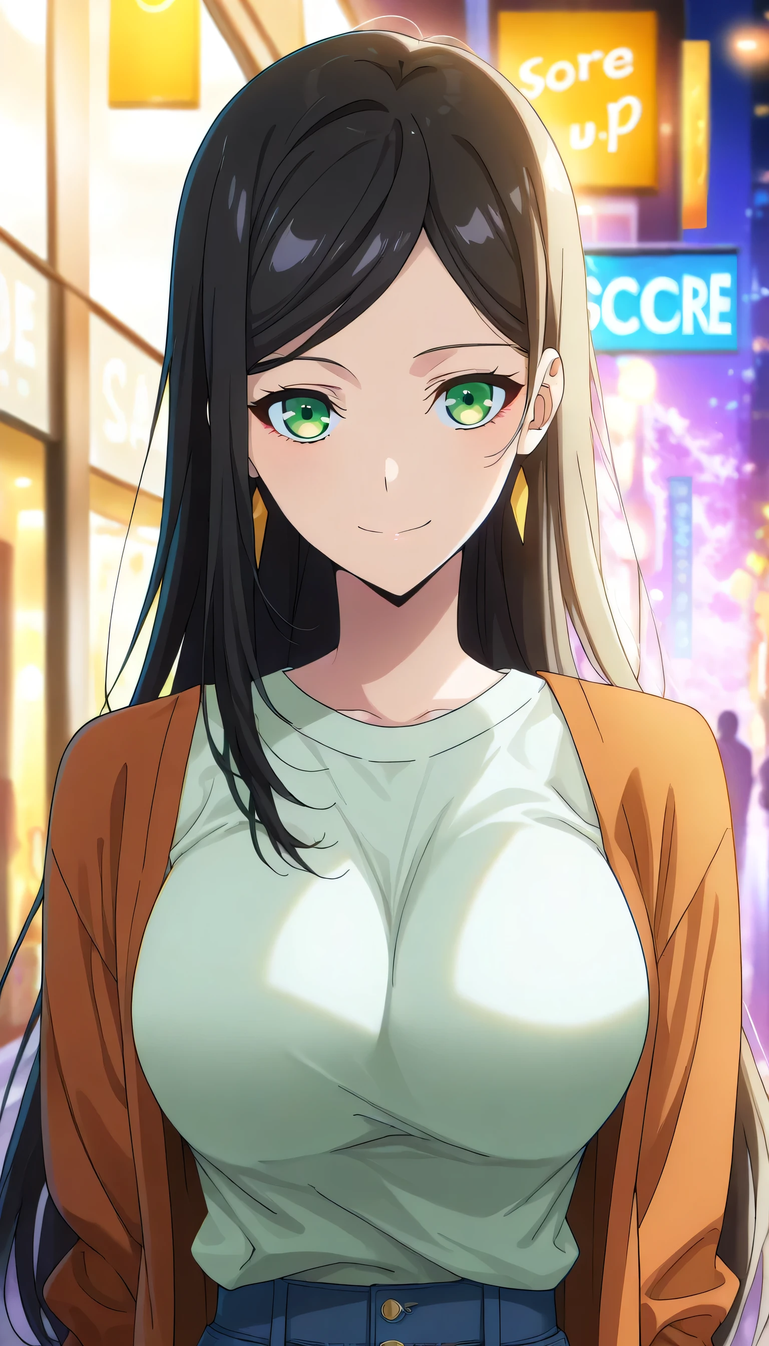 score_9, score_8_up, score_7_up, score_6_up, anime screencap, (masterpiece), (best quality), 1girl, solo, dynamic lighting, ((casual fashion)), (large full breasts), smile, looking at viewer, long hair, swept bangs, parted bangs, black hair, green eyes, dating, outside
