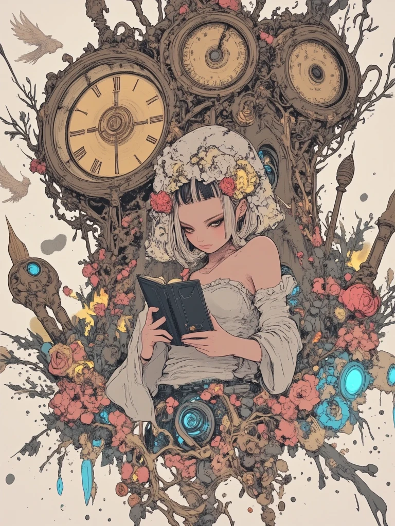 masterpiece、highest quality、High resolution、Very detailed、Beautiful eyeedium wide shot、((((Flat Color))))、Mature Woman、Big Breasts、beautiful、Anxious expression、Countless large gears、inside clock、Inside the machine、Twisting the body、Bring your hands together in front of your chest、