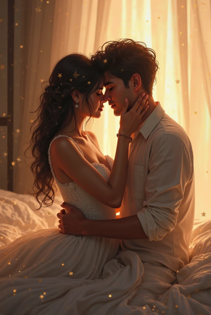(a couple deeply in love)+(affectionate embrace)+(intimate moment)+(romantic atmosphere)+(soft lighting)+(dreamy ambiance)