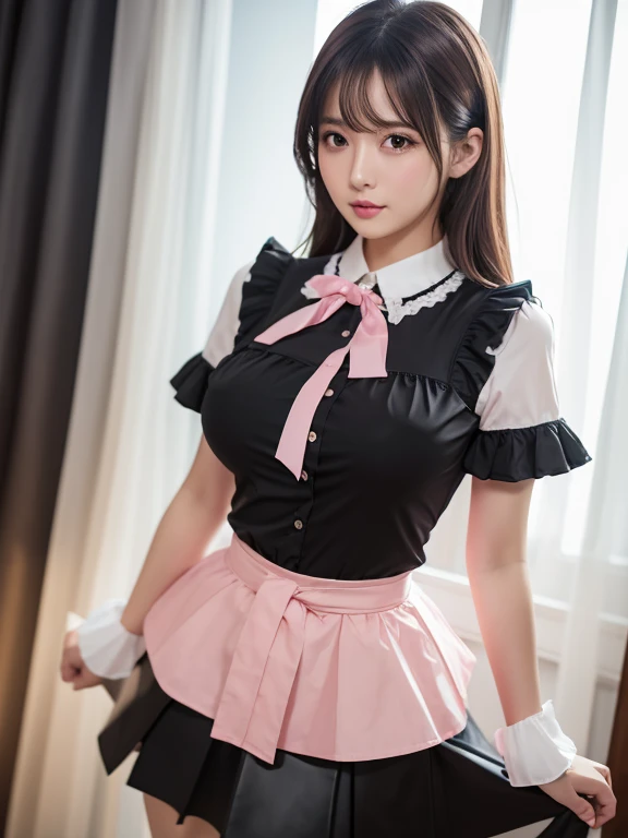 Highest quality、masterpiece、8k、Very detailed、Realistic、(One girl)、(Looking at me with a smile:1.5)、whole body、Black Hair、Small face、(Slender:1.2)、(Big Breasts:1.2)、(Pink tight-fitting one-piece nurse uniform with buttons and a collar:1.2)