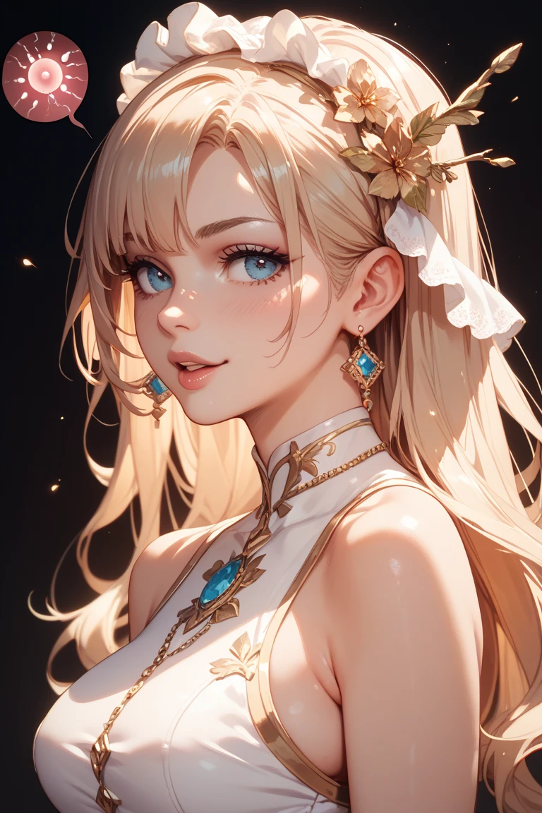 Cute girl, (Ash Blonde Hair), ((Very bun)), Perfect face, Innocent smile, Upper Body,(Azure eyes), (strict), (small), (slim), ((flat chest)), ((Only 16)), Skin Indentation, Extremely detailed, Charming oval face, Red lips, pink, Smooth skin, Fine hair, Face Focus, Chest close-up, Luxury Hair Accessories, Gold earrings, ((1 girl)), Embarrassed expression,