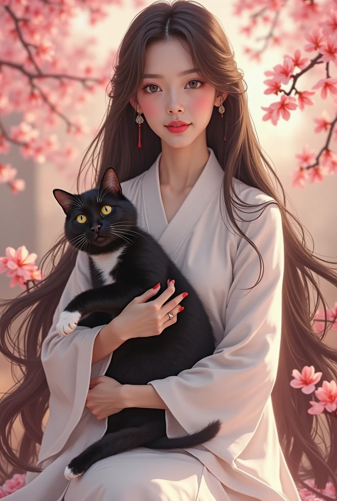 ((Masterpiece)),(Best Quality), (Cinematic),(Extremely detailed CG Unity 8k wallpaper),1girl, fit,Delicious company,revealing clothes, intricate outfit,fit, small breasts,very long black hair,big cat eyes,one Stunning hanfu shapeshifter cat girl(bakenekon, nekomata)with a beautifully designed fine and perfectly fitting hanfu clothing with georgeous patterns and also transparent flowing fabric. she is dancing in front of plain graphic japanese background. her hands are very graceful presenting a fan. cat ear, vampy fang,cateyes, white devon rex cat, eine Ganzkörperaufnahme, die Tradition und Moderne verbindet