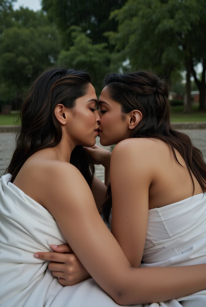 Isabela Merced and friend, standing by an RV, kissing, smiling, bob_cut hairstyle, full lips, white transparent dress, undressing, captivating, Wet, (big breasts:1.5) and well-defined blue eyes, Lee Jeffries Award-winning photo, Kodak Film Photography, Kodak Lens Portra 400 Camera F1.6, extremely detailed, amazing, Fine details, rich colors, Hyper-realistic realistic texture, Dramatic lighting, UnrealEngine, Trending on ArtStation, CineStill 800 Tungsten, photo realistic, RAW Photo, TanvirTamim, high quality, High resolution, sharp focus, extremely detailed, photo by arny freytag