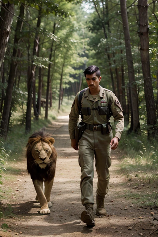 Image of a teenage boy riding a lion in the forest