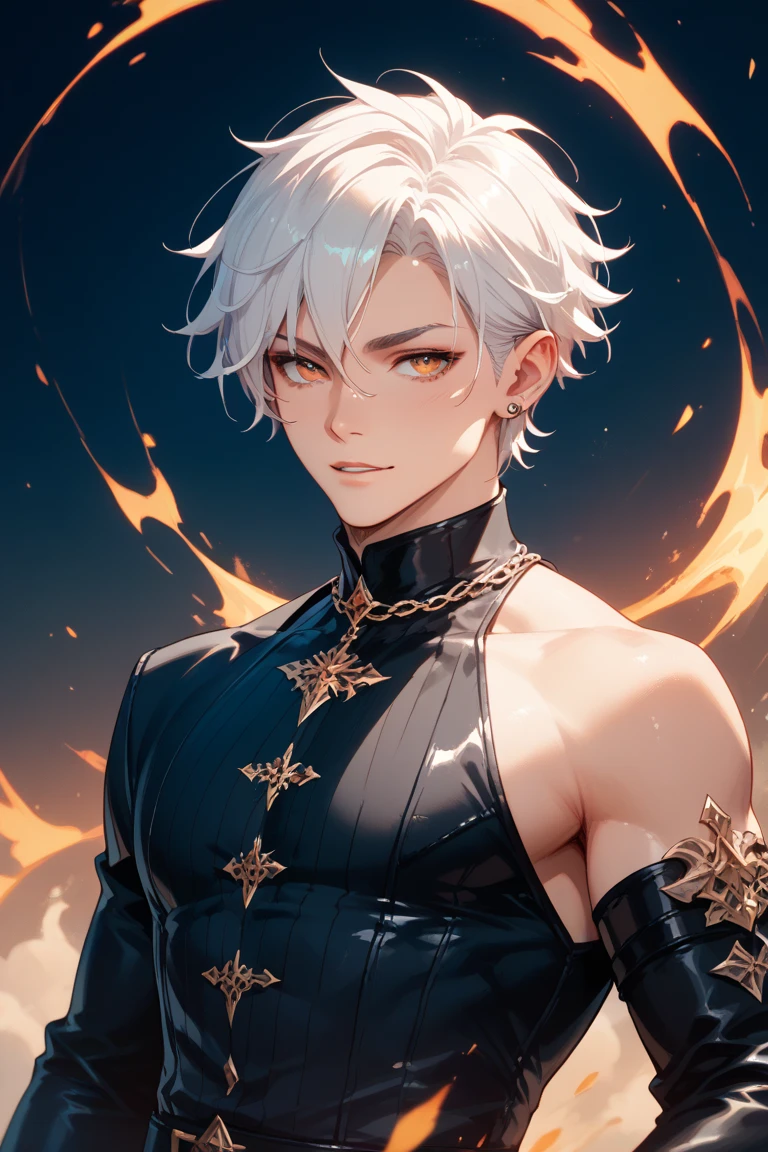 young boy, short gray hair, Cat's ears, Heterochromia, Yellow left and brown right eyes, tattoo, open torso, Pants of a Chinese general, swords, Masterpiece, hiquality