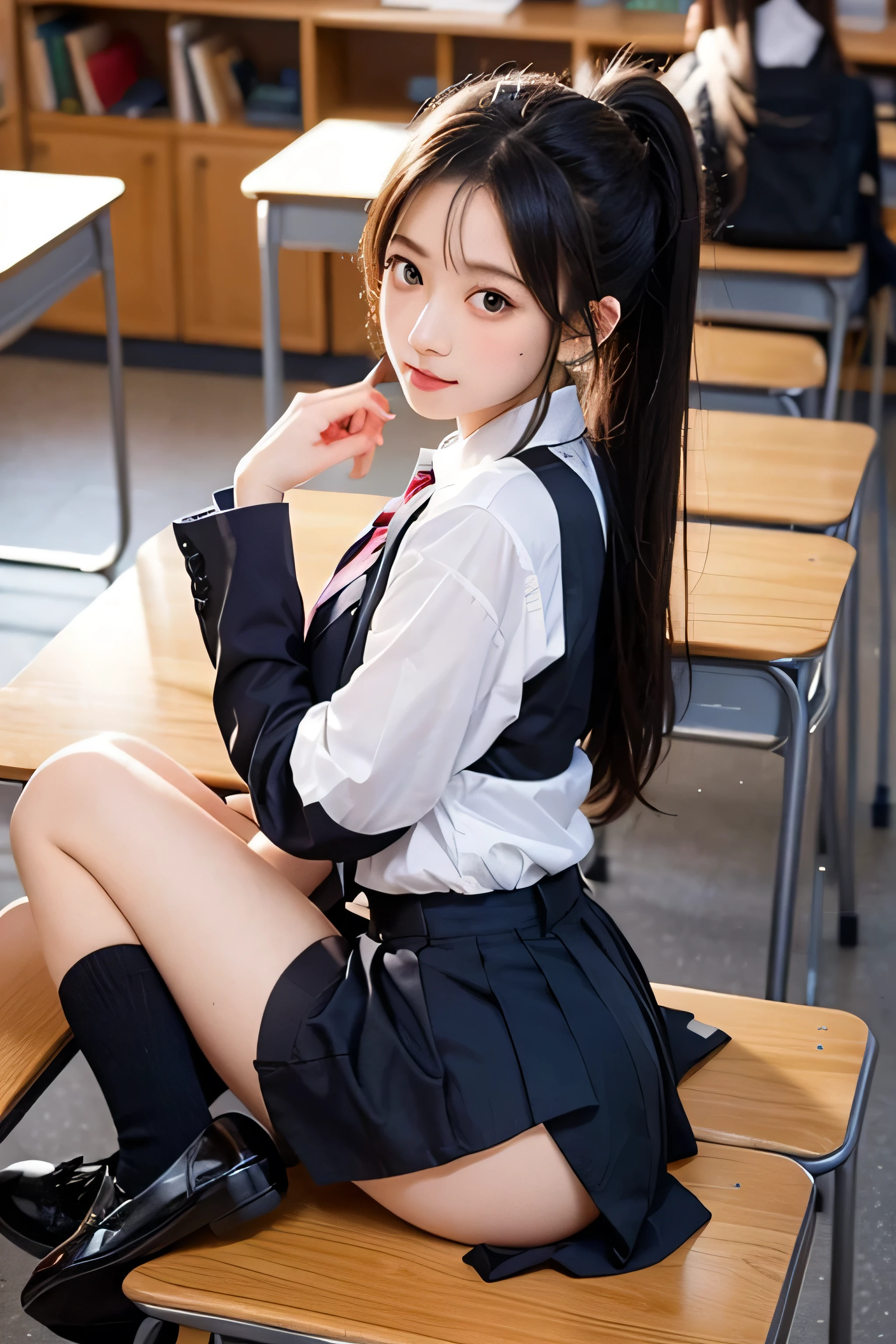 full body, schoolgirl in classroom, hairstyle ponytail, uniform school, lying down, no skirt, blushing, Showing her panties, Three quarter perspective.

